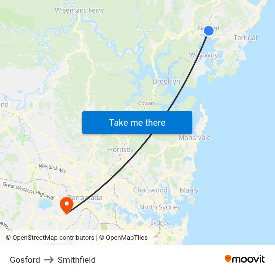 Gosford to Smithfield map