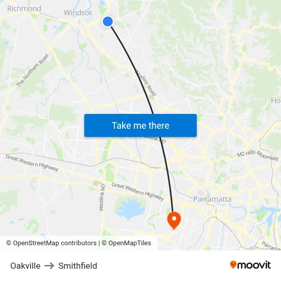 Oakville to Smithfield map