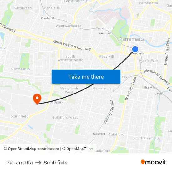 Parramatta to Smithfield map