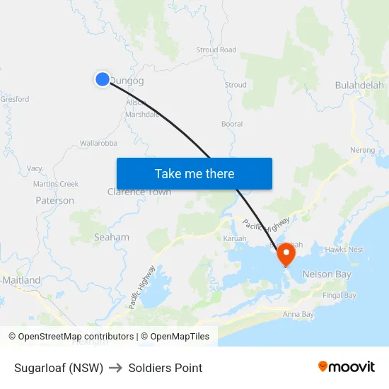 Sugarloaf (NSW) to Soldiers Point map