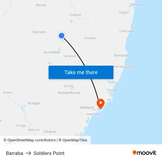 Barraba to Soldiers Point map