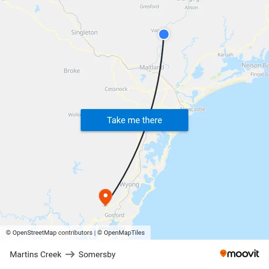 Martins Creek to Somersby map