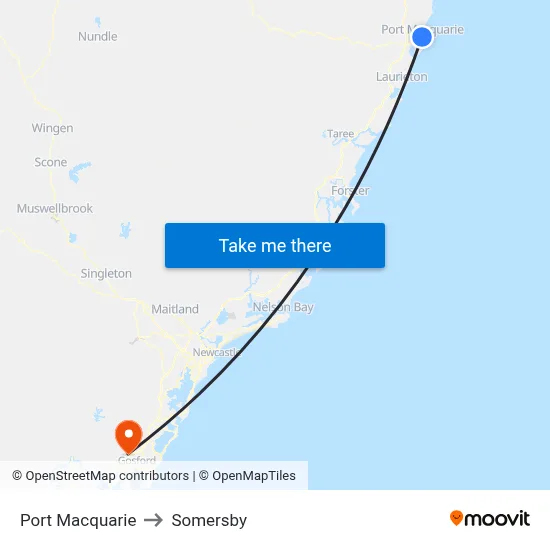 Port Macquarie to Somersby map
