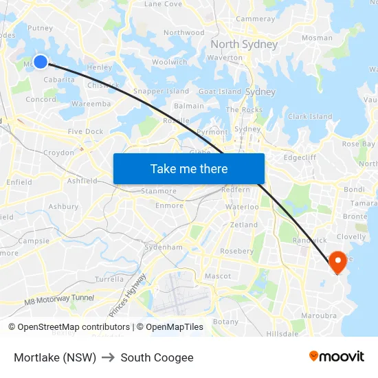 Mortlake (NSW) to South Coogee map