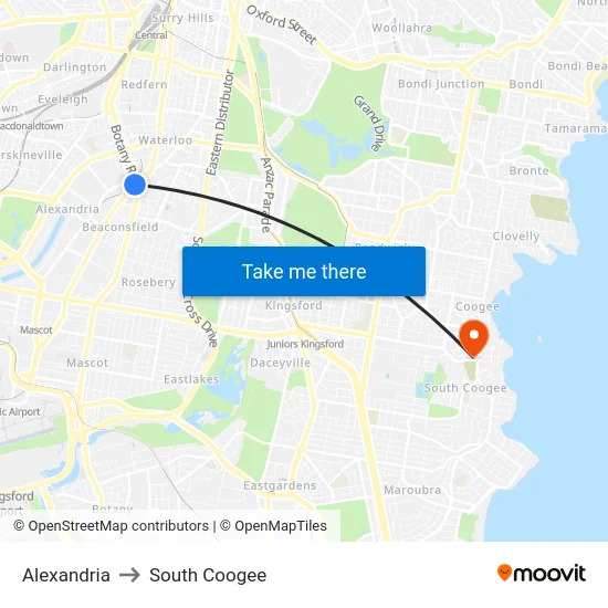 Alexandria to South Coogee map