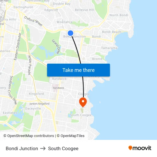 Bondi Junction to South Coogee map