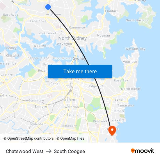 Chatswood West to South Coogee map