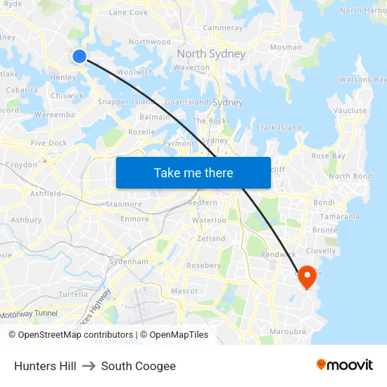 Hunters Hill to South Coogee map