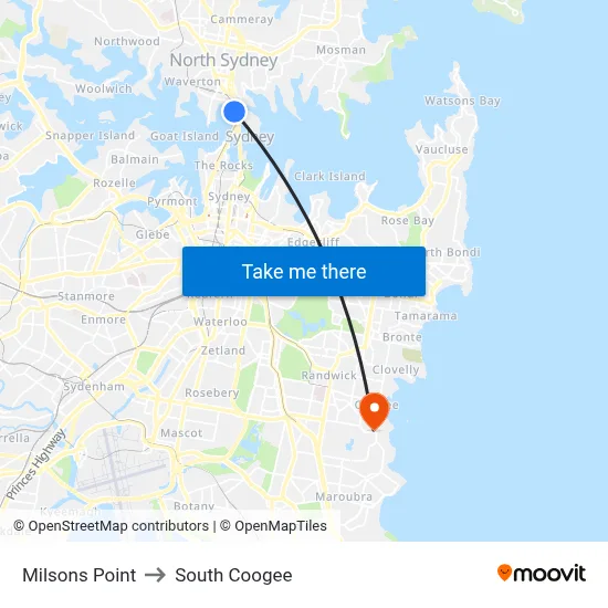 Milsons Point to South Coogee map