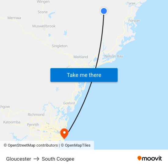 Gloucester to South Coogee map