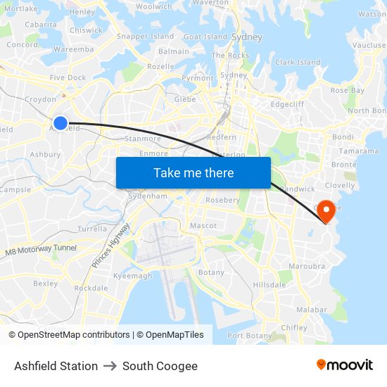 Ashfield Station to South Coogee map