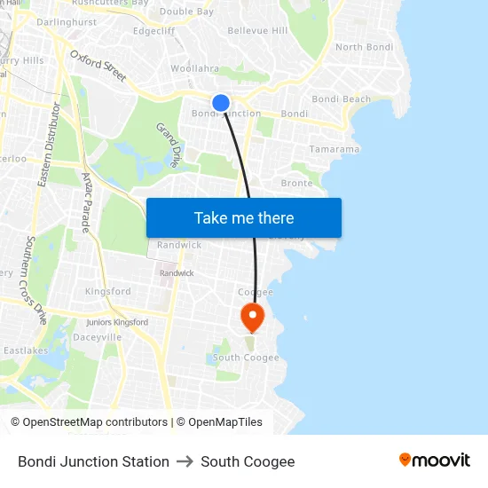 Bondi Junction Station to South Coogee map