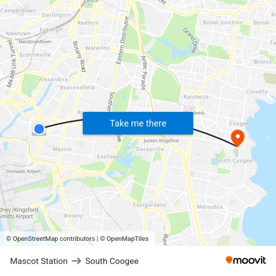 Mascot Station to South Coogee map