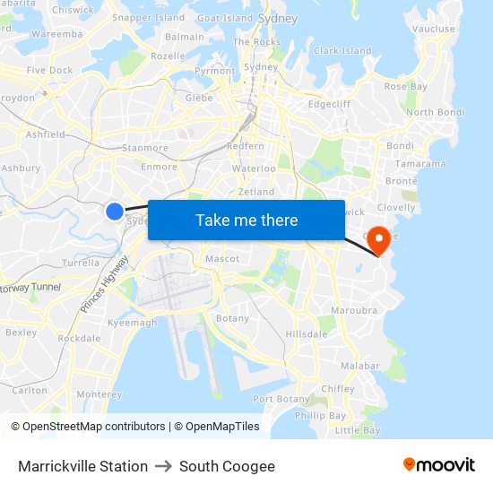 Marrickville Station to South Coogee map