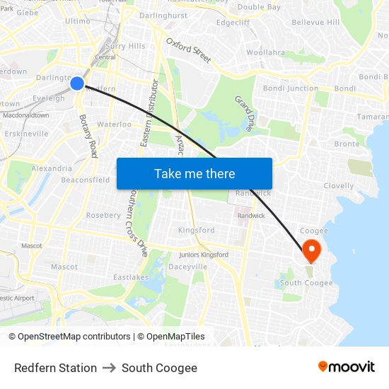 Redfern Station to South Coogee map