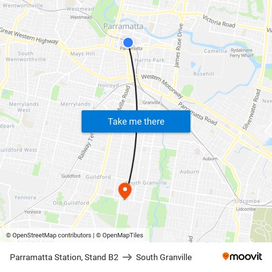 Parramatta Station, Stand B2 to South Granville map