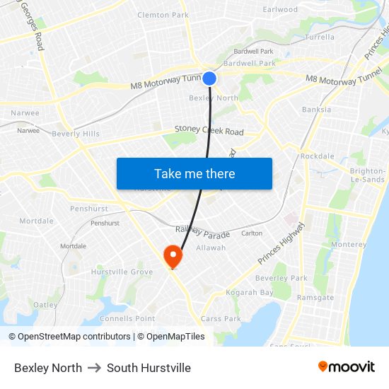 Bexley North to South Hurstville map