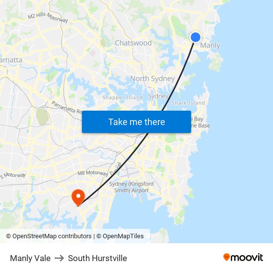 Manly Vale to South Hurstville map