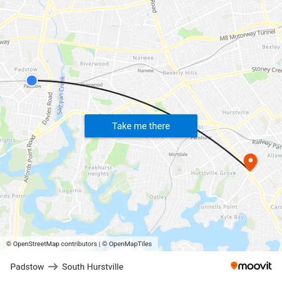 Padstow to South Hurstville map