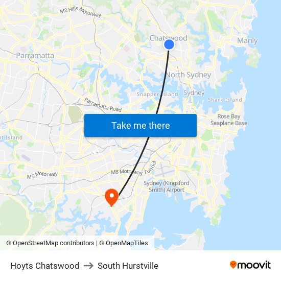 Hoyts Chatswood to South Hurstville map
