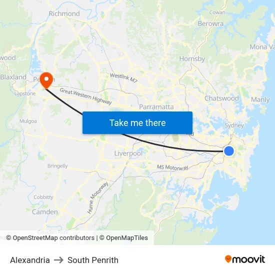 Alexandria to South Penrith map