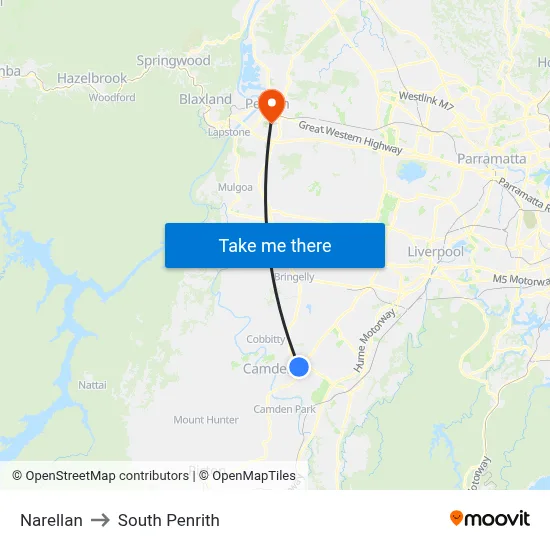 Narellan to South Penrith map