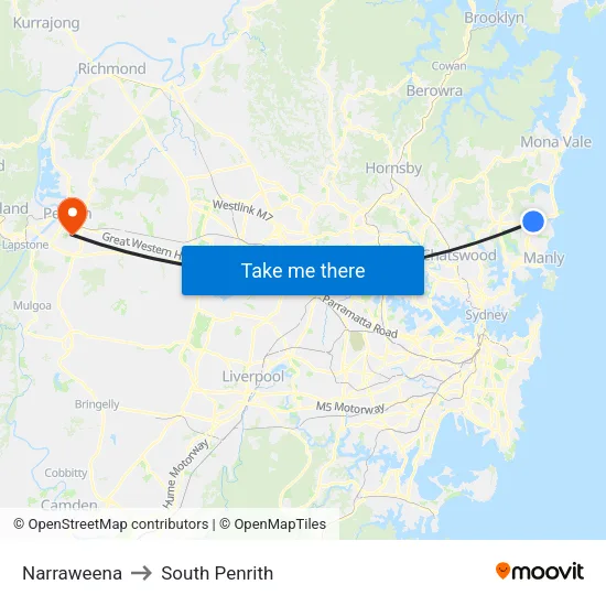 Narraweena to South Penrith map