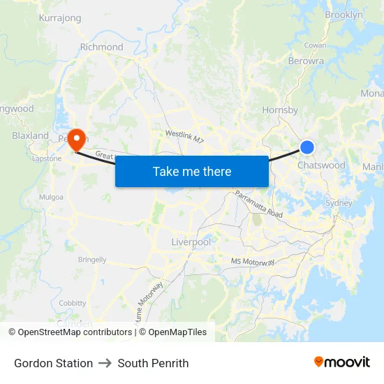 Gordon Station to South Penrith map