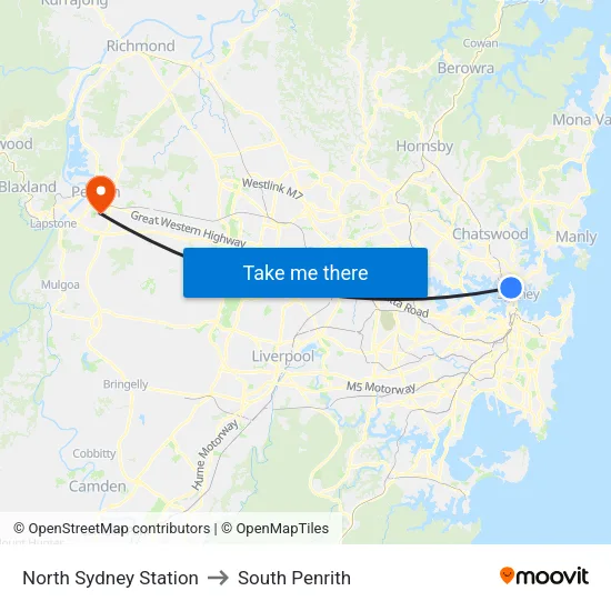 North Sydney Station to South Penrith map
