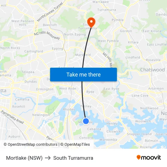 Mortlake (NSW) to South Turramurra map