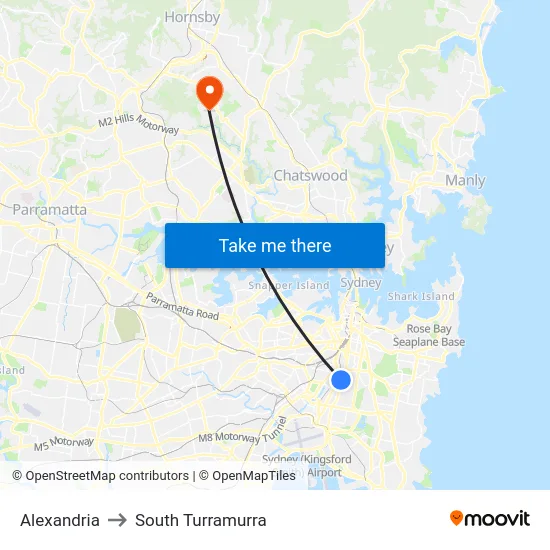 Alexandria to South Turramurra map