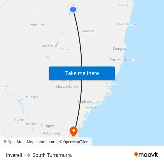 Inverell to South Turramurra map