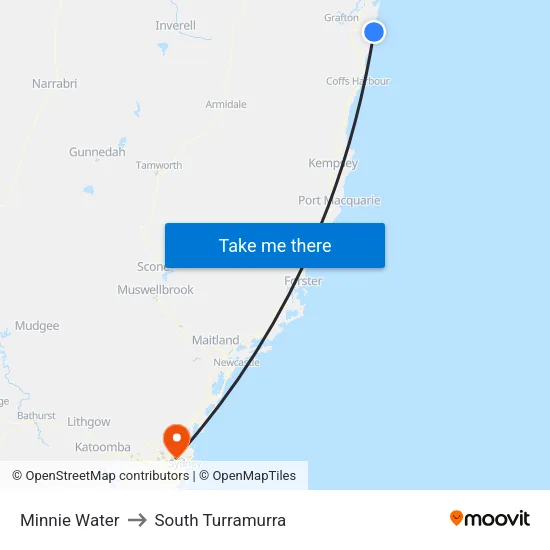 Minnie Water to South Turramurra map
