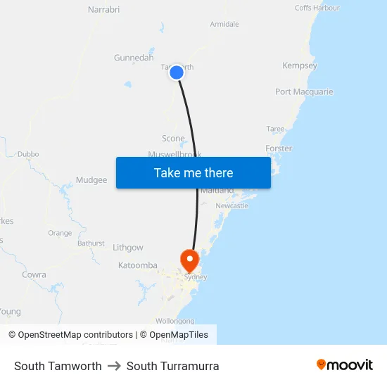 South Tamworth to South Turramurra map