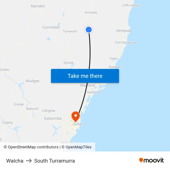 Walcha to South Turramurra map