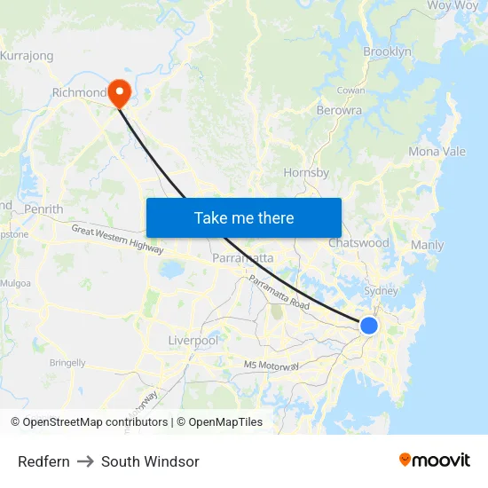 Redfern to South Windsor map