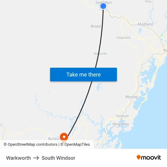 Warkworth to South Windsor map