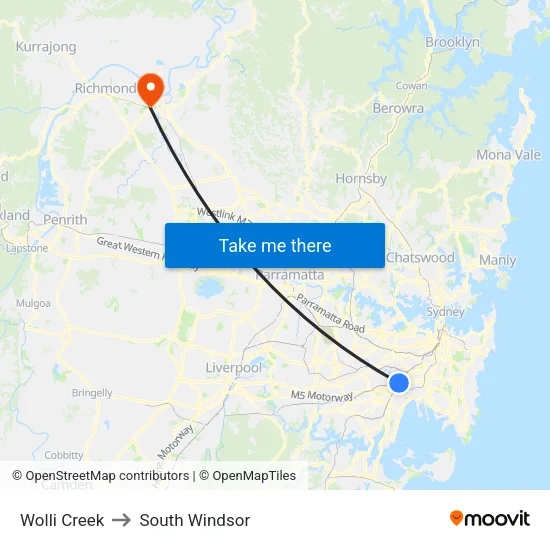 Wolli Creek to South Windsor map