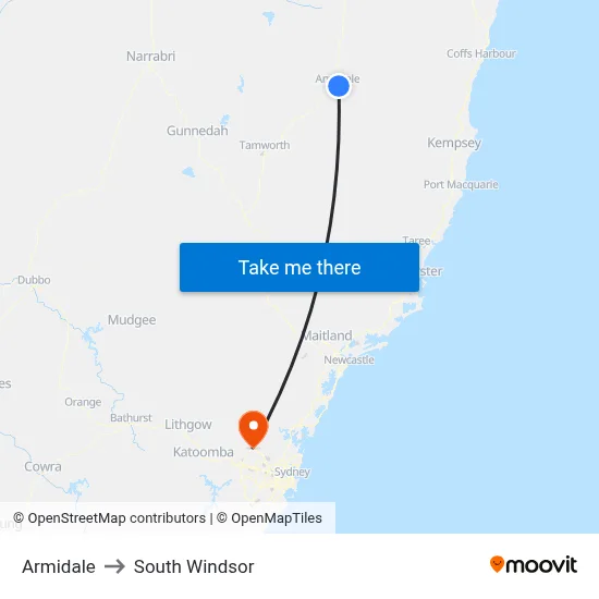 Armidale to South Windsor map