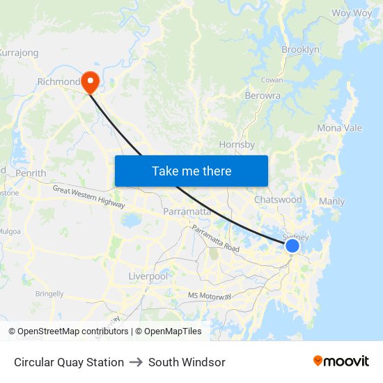 Circular Quay Station to South Windsor map