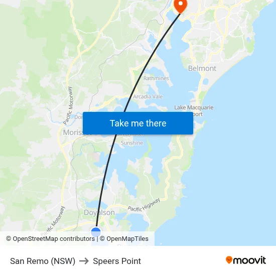 San Remo (NSW) to Speers Point map