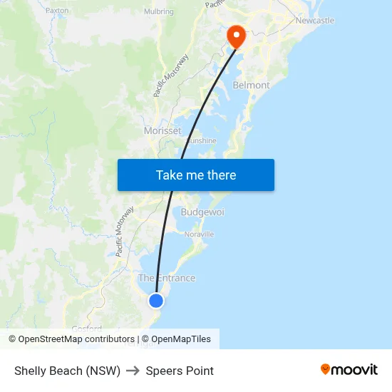 Shelly Beach (NSW) to Speers Point map