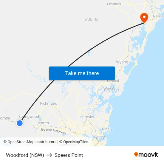 Woodford (NSW) to Speers Point map