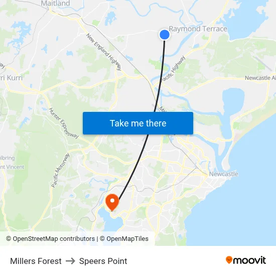 Millers Forest to Speers Point map