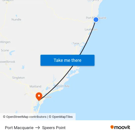 Port Macquarie to Speers Point map