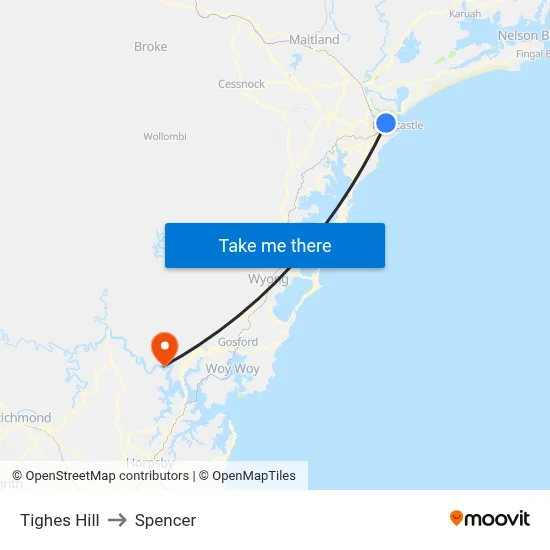 Tighes Hill to Spencer map