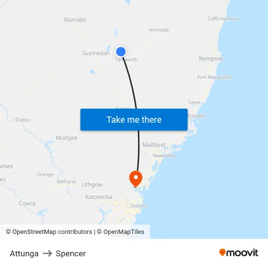 Attunga to Spencer map