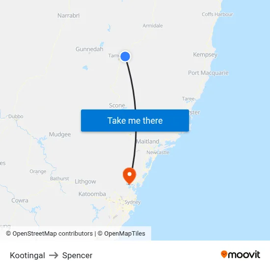 Kootingal to Spencer map