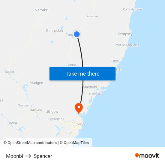 Moonbi to Spencer map