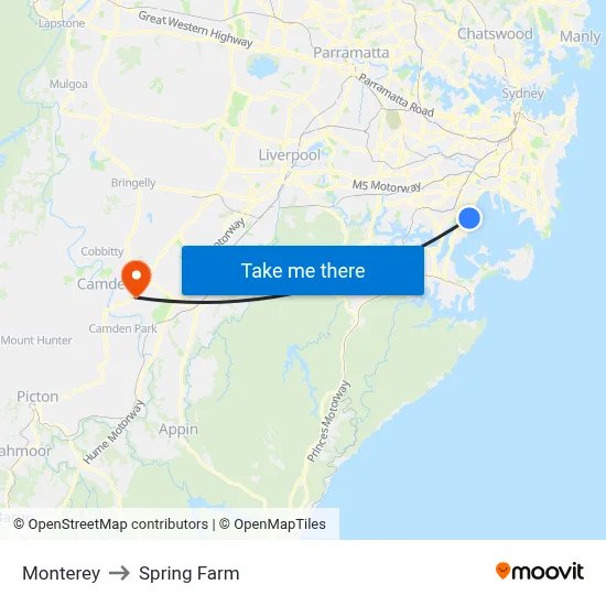 Monterey to Spring Farm map
